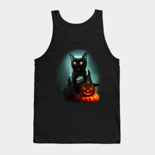 Vampire Cat and Wizard Pumpkin Halloween Surreal Art Tank Top